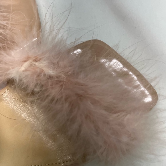 PINK FEATHERED HEELS WOMEN 7.5-8 39 PINK/BEIGE STRAPPY TRANSPARENT HEEL ELEGANT - Picture 13 of 14